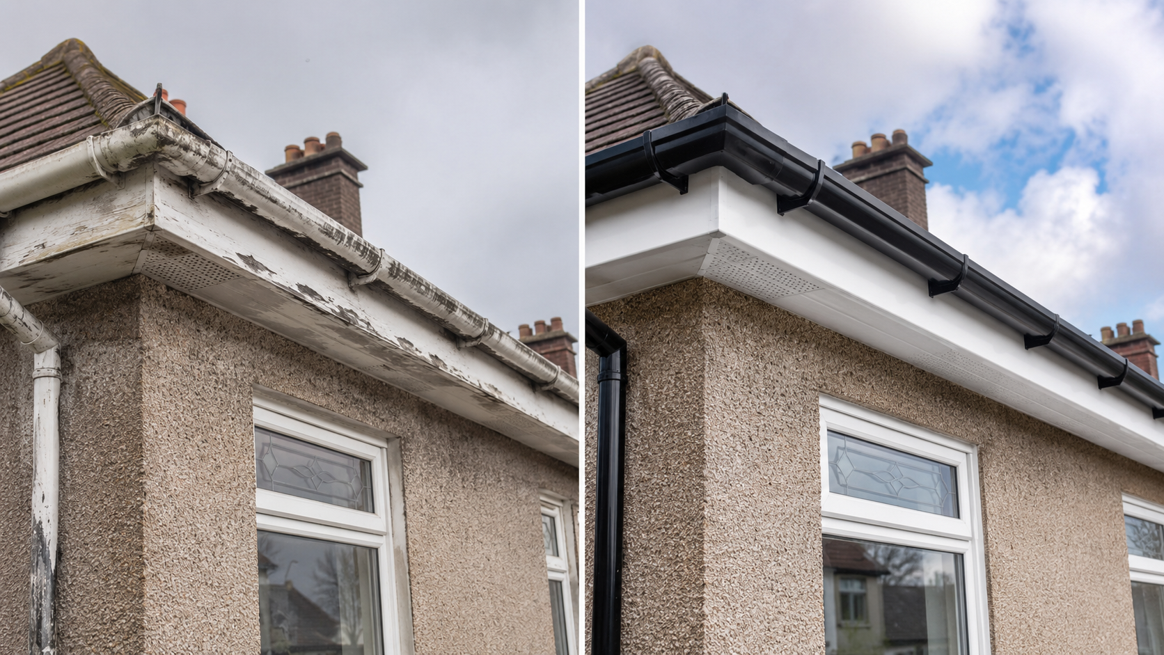 Before and after fascia, soffit and gutter replacement