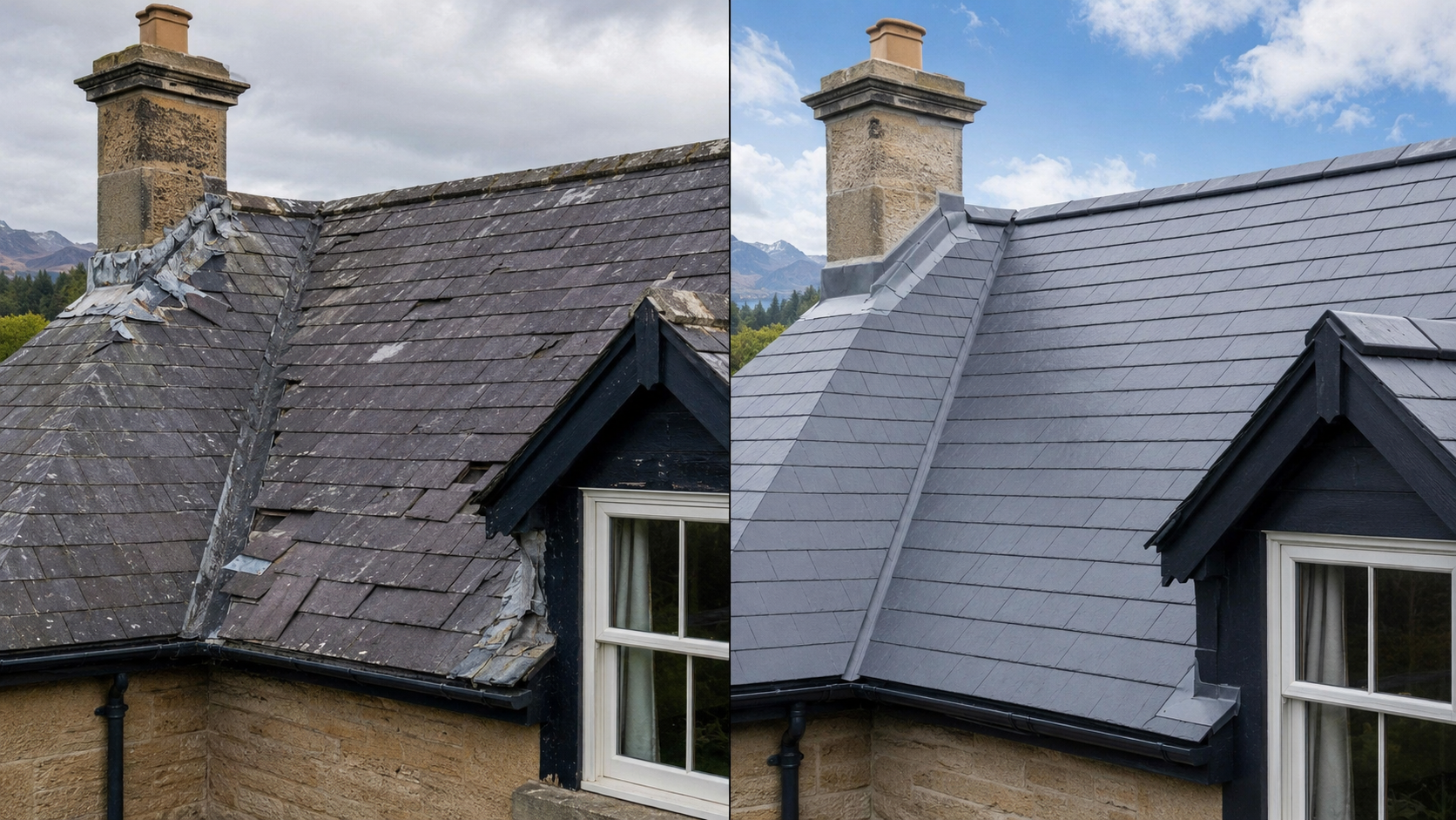 Before and after slate roof repair and restoration