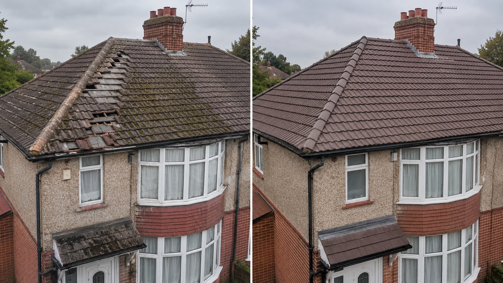 Before and after tiled roof replacement on a UK home